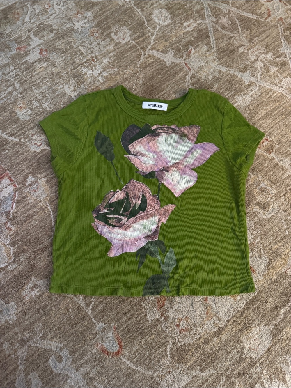 Daydreamer Olive Green Tee with Pink Rose Graphic